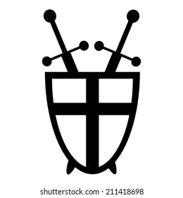 Shield and swords button on white background. Vector illustration.
