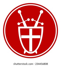 Shield and swords button on white background. Vector illustration.