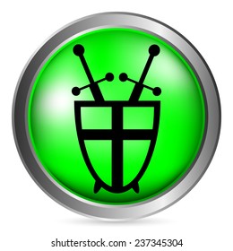 Shield and swords button on white background. Vector illustration.