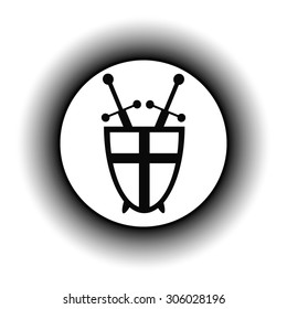 Shield and swords button on white background. Vector illustration.
