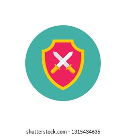 Shield with swords - concept colored icon in flat graphic design style. Sign for website, mobile application, presentation, infographic. Vector illustration. 