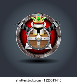 Shield Swords, Crown and Helm, rusty iron rounded badge icon. For Ui Game.