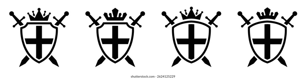 Escudo y espadas con corona Icono, Ilustración vectorial