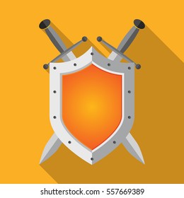 Shield and swords in flat design. Shield and sword icon with long shadow. Vector illustration.