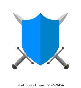 Shield and swords in flat design. Shield and sword icon isolated. Vector illustration.