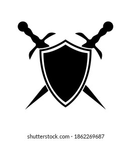 Escudo y espadas en un estilo plano. Escudo y espadas aisladas sobre un fondo blanco. Icono de contorno vectorial de un escudo con espadas dentro. Ilustración vectorial.