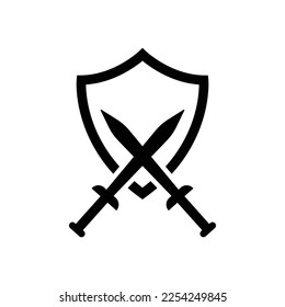 Schild mit Schwertern Symbol Design. Überkreuzte Schwerter und Schild, Vektorsymbol. einzeln auf weißem Hintergrund. Vektorgrafik