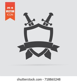 Shield with swords icon in flat style isolated on grey background. For your design, logo. Vector illustration.