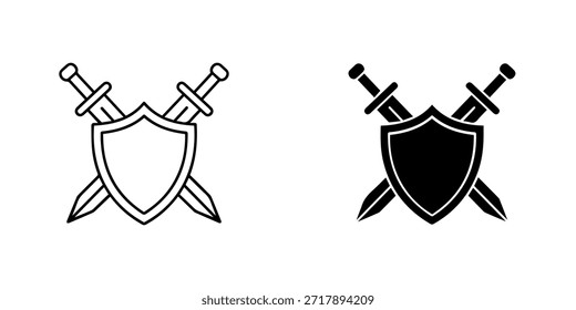 Icono de escudo y espadas aislado, que representa defensa, seguridad y protección en blanco y negro