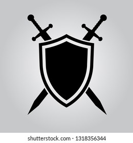 Ícone de escudo e espadas no plano de fundo do gradiente. Ilustração vetorial