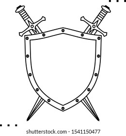 shield and swords line art icon.  Black  aesthetic contour.