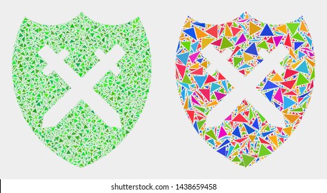 Shield and swords mosaic icon of triangle elements which have various sizes and shapes and colors. Geometric abstract vector illustration of shield and swords.