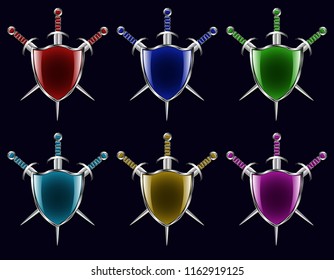 Shield and swords, multicolored set. Heraldry and knight ammunition. Medieval weapons. Equipment warrior in the style of fantasy. Vector illustration.
