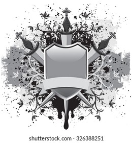 Shield and swords
A shield and ribbon banner in front of a set of swords with black spray paint, florals and textured effects.
