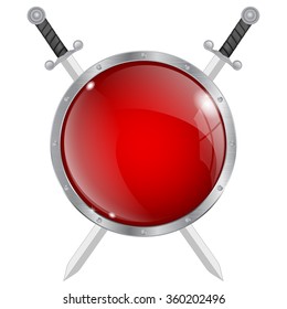 Shield with swords. Round Glass shild with metal frame and rivets. Vector illustration isolated on white background.