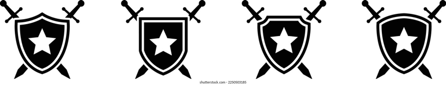 Escudo y espadas con icono de estrellas, ilustración vectorial