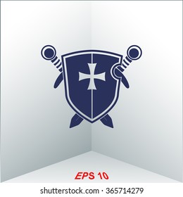 Shield with swords vector icon.