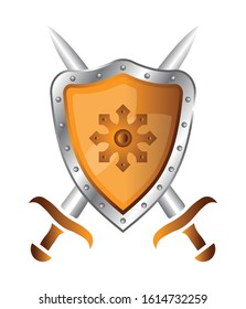 Shield with Swords. Vector illustration isolated on white background.
