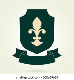 Shield symbol with blazon and ribbon. Heraldic royal design element. Vector illustration.