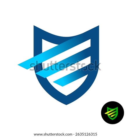 Shield symbol with diagonal stripes. Security or insurance theme concept logo. Defence colorful icon