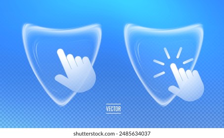 Shield symbol with hand cursor in glassmorphism style on transparency grid. Barrier Light effect, protection concept. Effect glass icon with push arrow. Vector