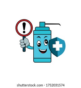 With shield and symbol health, liquid soap mascot Character Cartoon. Design vector illustration