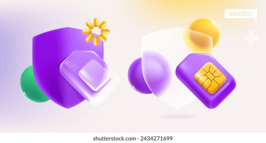 Shield symbol with Mobile phone SIM card with golden chip in glassmorphism style. Realistic 3D isometric cartoon render. Transparent plastic antivirus protection template. 