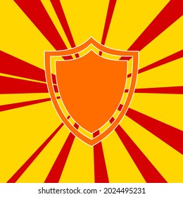 Shield symbol on a background of red flash explosion radial lines. The large orange symbol is located in the center of the sun, symbolizing the sunrise. Vector illustration on yellow background