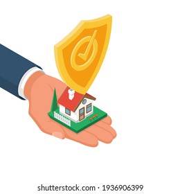 Shield as a symbol of preservation at home. Property insurance concept. Home in hand security agent. Landing page security, providing protection home from danger. Vector isometric design. 