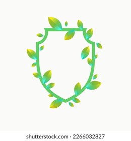 Shield, a symbol of protection and reliability. Isolated image of a shield with leaves. Environmental safety.