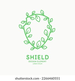 Shield, a symbol of protection and reliability. Isolated image of a shield with leaves. Environmental safety.