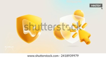 Shield symbol with realistic 3D cursor, loading icon and spheres. Transparent plastic antivirus protection template. Arrow icon glass overlay effect. Vector cartoon style pastel tone illustration.