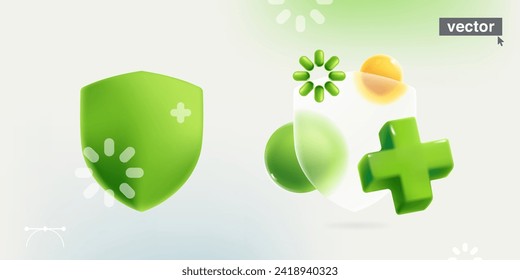 Shield symbol with realistic 3D green add, plus, medical cross, loading icon and sphere in glassmorphism style. Transparent plastic antivirus protection template. Vector cartoon style illustration.