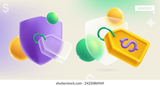 Shield symbol with realistic 3D Sale label tag with dollar symbol, ribbon, loading icon and sphere in glassmorphism style. Cartoon style discount kit. Special offer template. Plastic vector set.