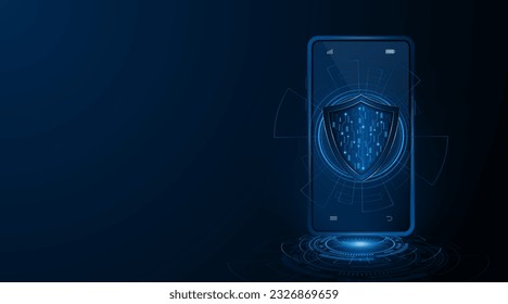 Shield symbol, smartphone security concept and cyber data protection and privacy. Advanced security technology innovation concept background.