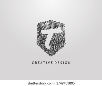 Shield T Letter Logo. Abstract hand drawn shield stroke line shape with negative space of letter T. Modern, minimalist and retro concept design. 