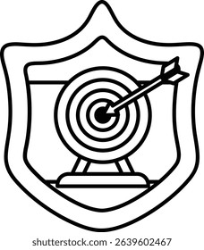 A shield with a target on it. The shield is black and white. The target is a bullseye with an arrow pointing to it