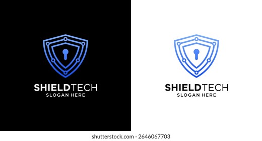 Shield tech with keyhole logo template. Abstract cyberspace logo usable for business technology.