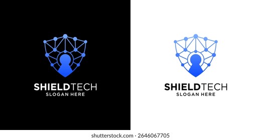 Técnico de escudo com modelo de logotipo de buraco de fechadura. Abstrato logotipo ciberespaço utilizável para tecnologia empresarial.