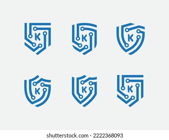 Shield Tech Logo Bundle Set Concept symbol icon sign Element Design initial Letter K. Security, Protection, Technology Logotype. Vector illustration template