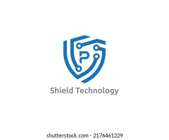 Shield Tech Logo Concept sign icon symbol Design with Letter P. Technology Logo Design. Vector illustration logo template