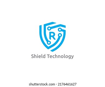 Shield Tech Logo Concept sign icon symbol Design with Letter R. Technology Logo Design. Vector illustration logo template