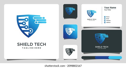 Shield tech logo design, gradient with bussines card. Premium Vector