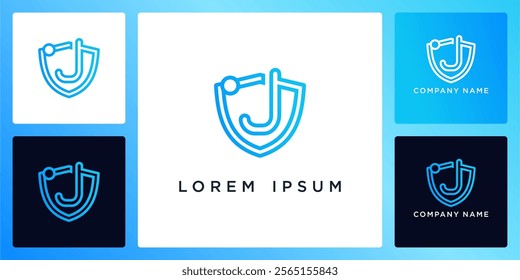 Shield technology with letters J logo design and icon