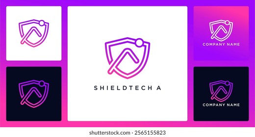Shield technology with letters A logo design and icon