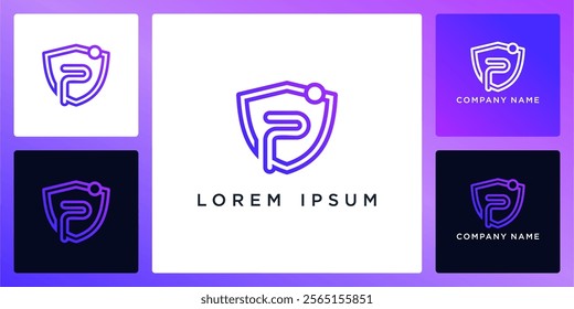 Shield technology with letters P logo design and icon