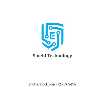 Shield Technology Logo Concept sign icon symbol Design with Letter E. Tech Logo Design. Vector illustration logo template