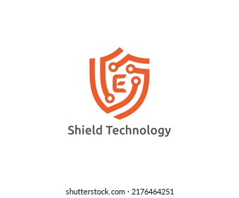 Símbolo del icono de signo del logotipo de la tecnología Escudo Diseño con letra E. Diseño del logotipo técnico. Plantilla de logotipo de ilustración de vector
