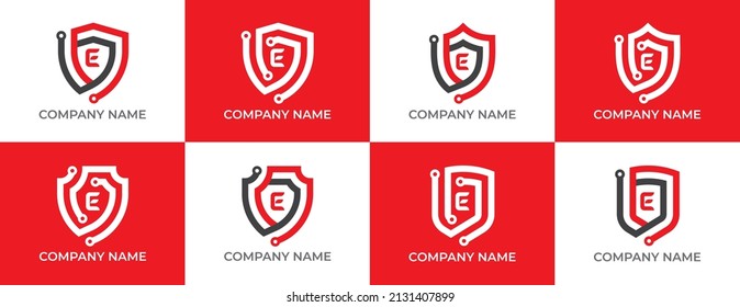 Símbolo del logotipo de la tecnología de escudo con letra E. Plantilla de logotipo del vector