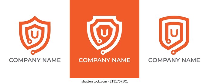 Símbolo de icono del logotipo de la tecnología de escudo con letra U. Plantilla de logotipo del vector
